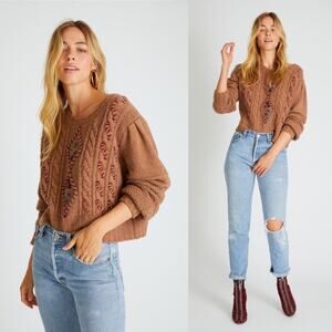 LoveShackFancy Leni Cable Knit Fisherman Pullover Sweater Maplewood Brown Size M